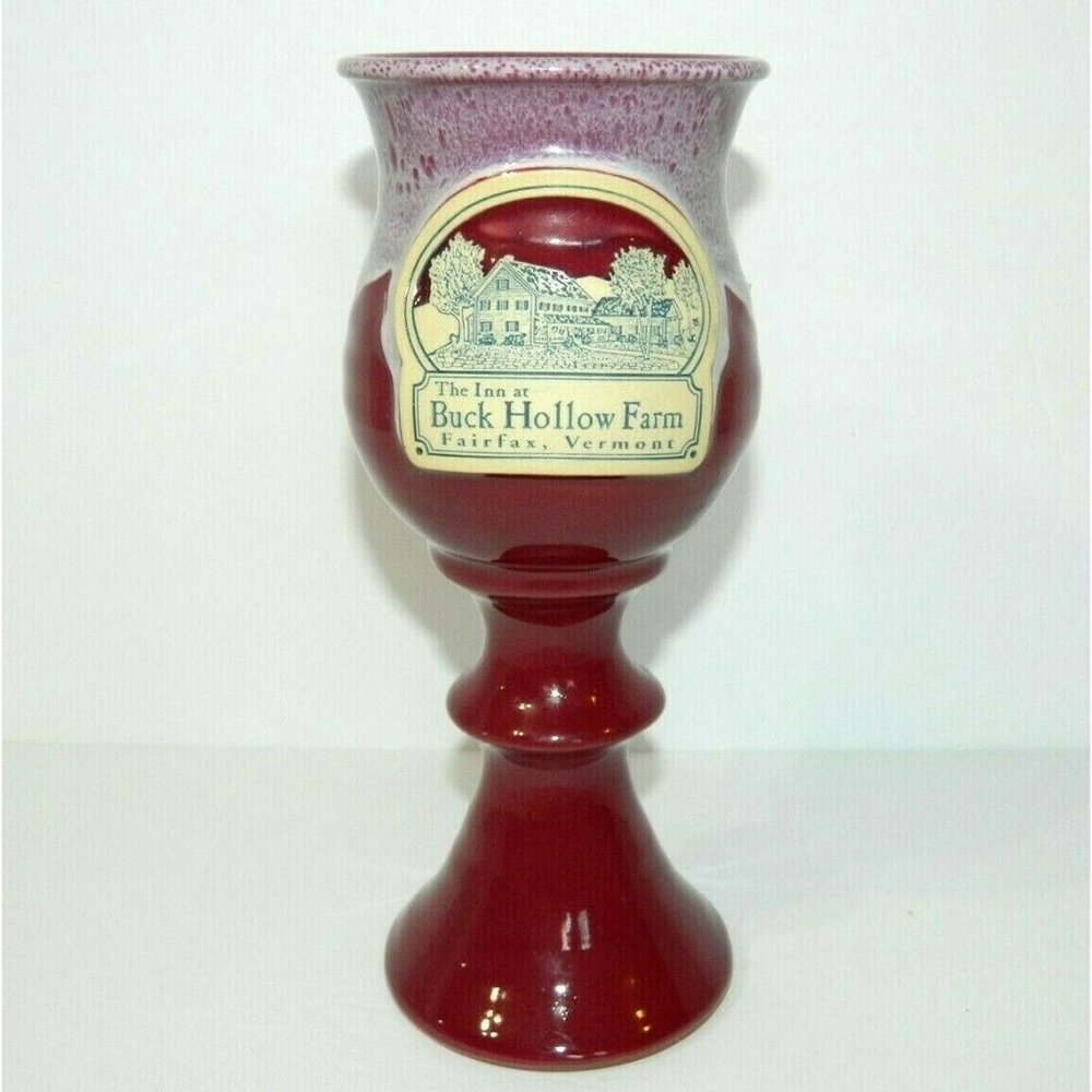 Deneen Pottery The Inn at Buck Hollow Farm Vermont 8" Goblet wine Glass Maroon